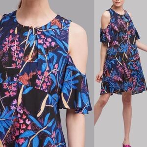 Anthropologie Maeve Elia size 2 black blue pink floral cold shoulder dress